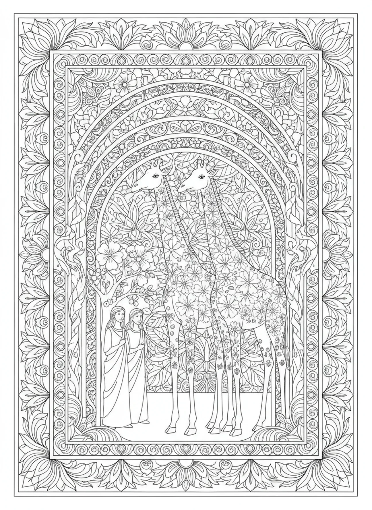 Par de jirafas bajo arcos florales, página para colorear de Adán y Eva nombrando a los animales en estilo de journaling bíblico para adultos.