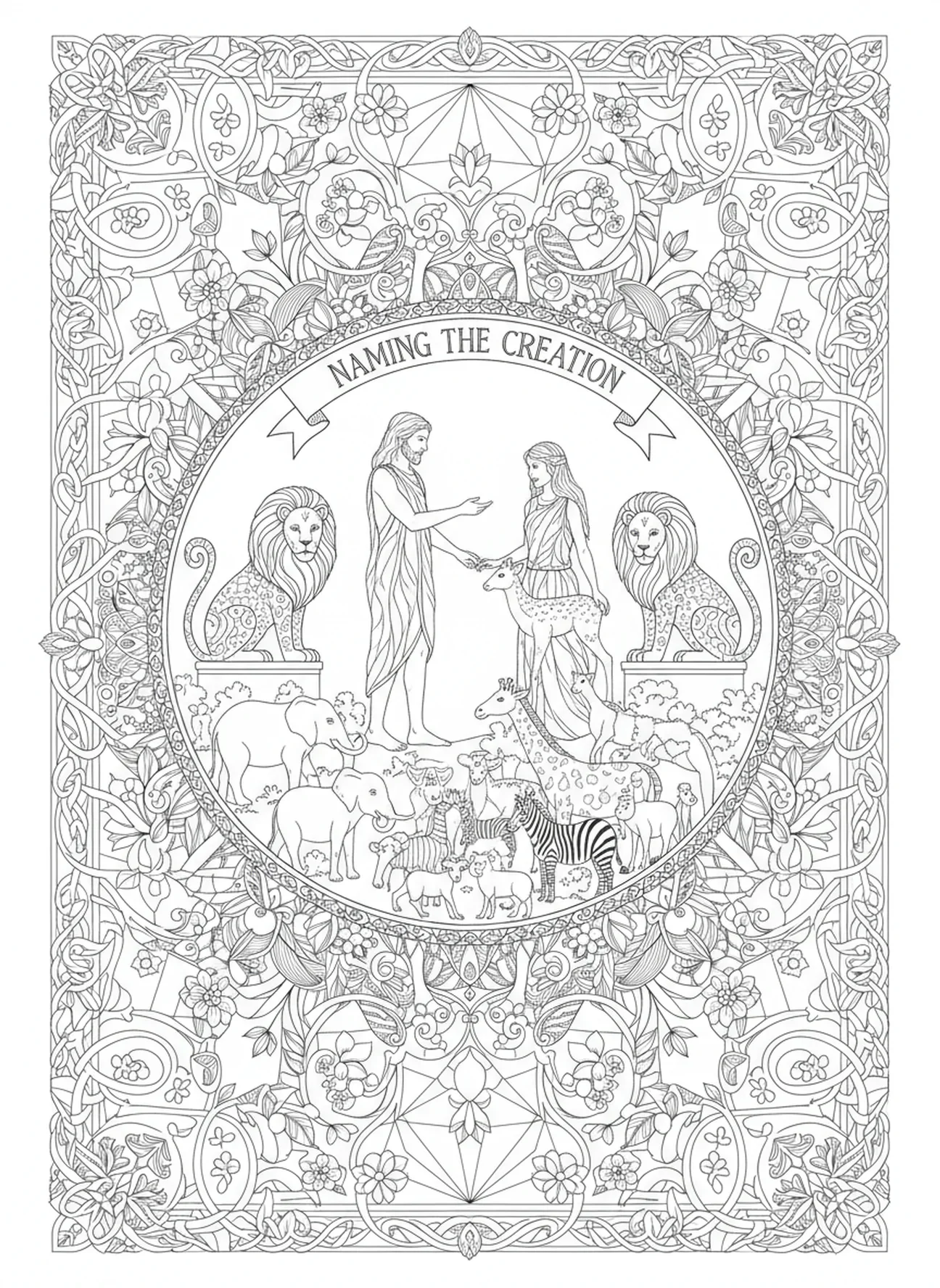 Leones majestuosos observando a Adán y Eva, página para colorear de Adán y Eva nombrando a los animales en estilo de journaling bíblico para adultos.