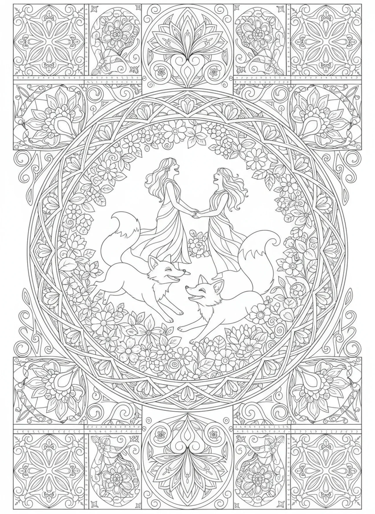Zorros juguetones entre flores, página para colorear de Adán y Eva nombrando a los animales en estilo de journaling bíblico para adultos.