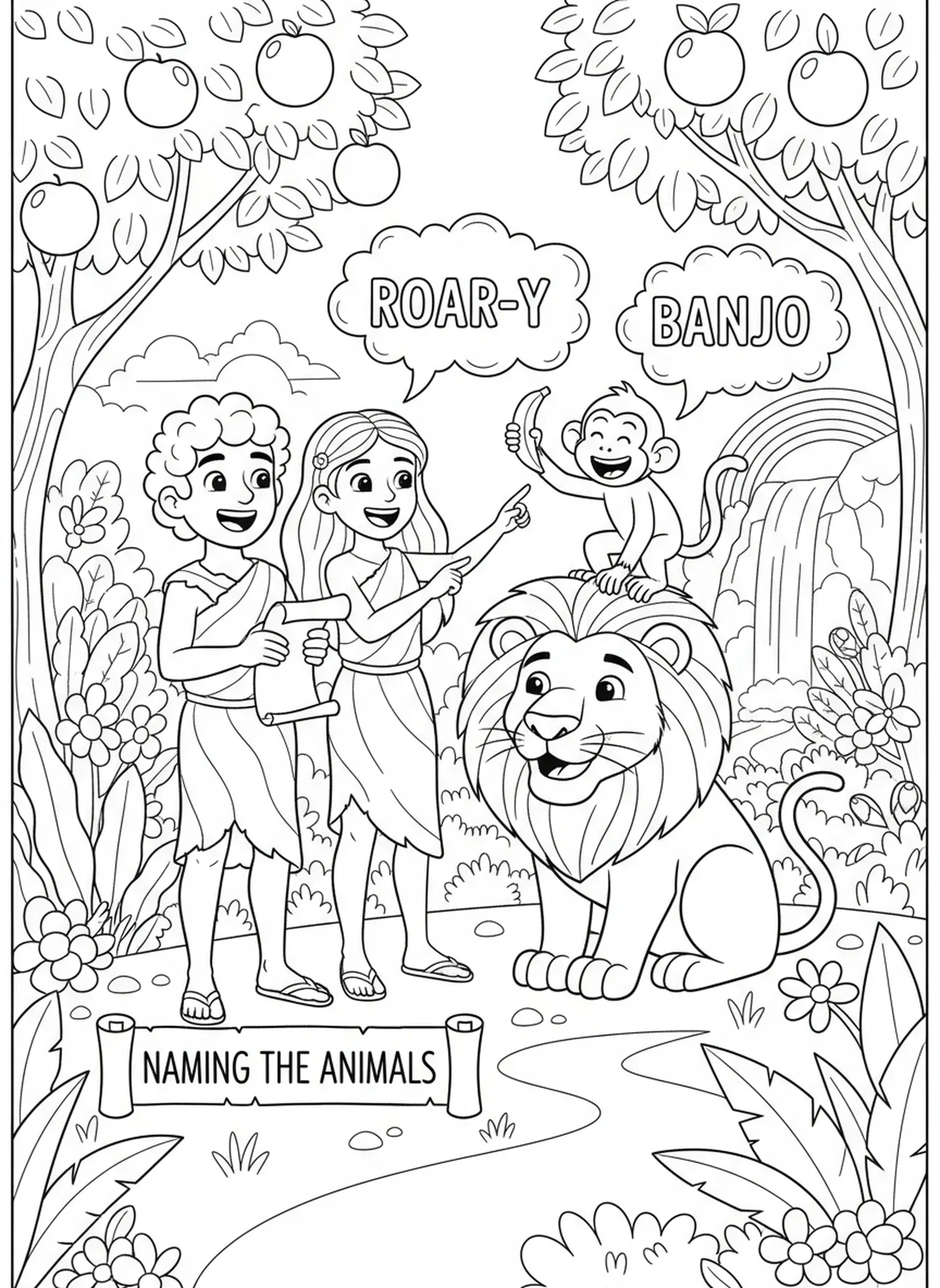 Adão e Eva nomeando o leão e o macaco, página de colorir Adão e Eva Nomeando os Animais para crianças de 5 a 10 anos.