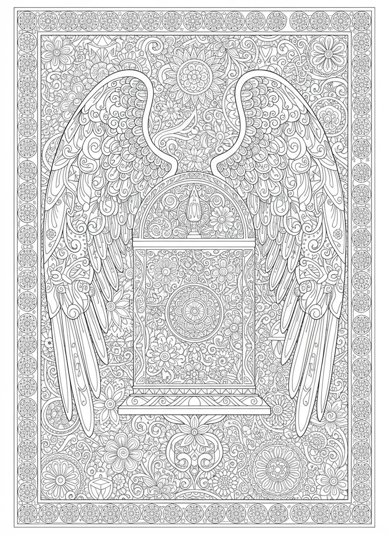 Página para colorear de los querubines del Arca de la Alianza con alas angelicales, estilo de journaling bíblico para adultos.