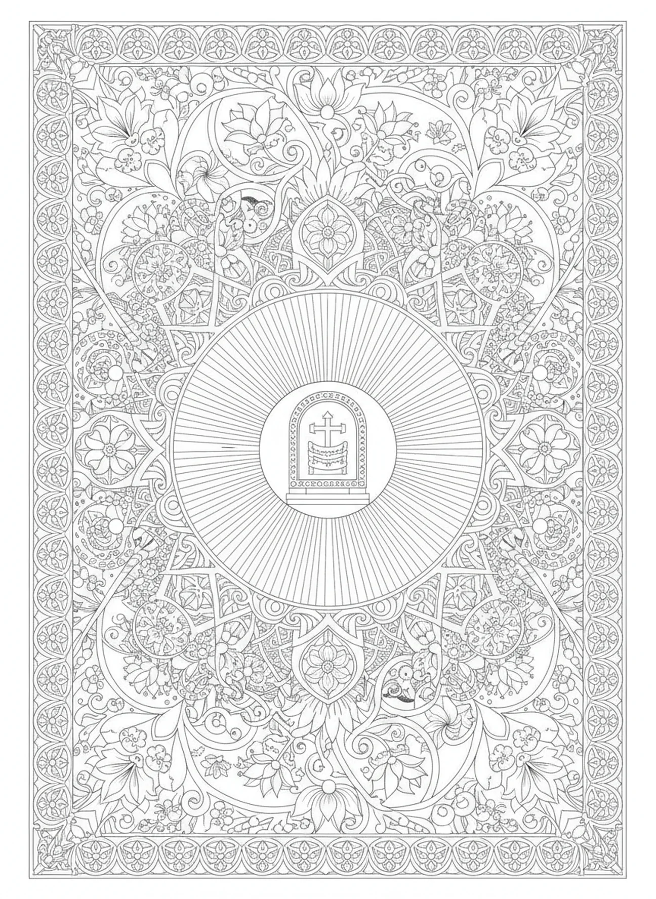 Luz radiante, página para colorear de los Querubines del Arca de la Alianza en estilo de journaling bíblico para adultos.