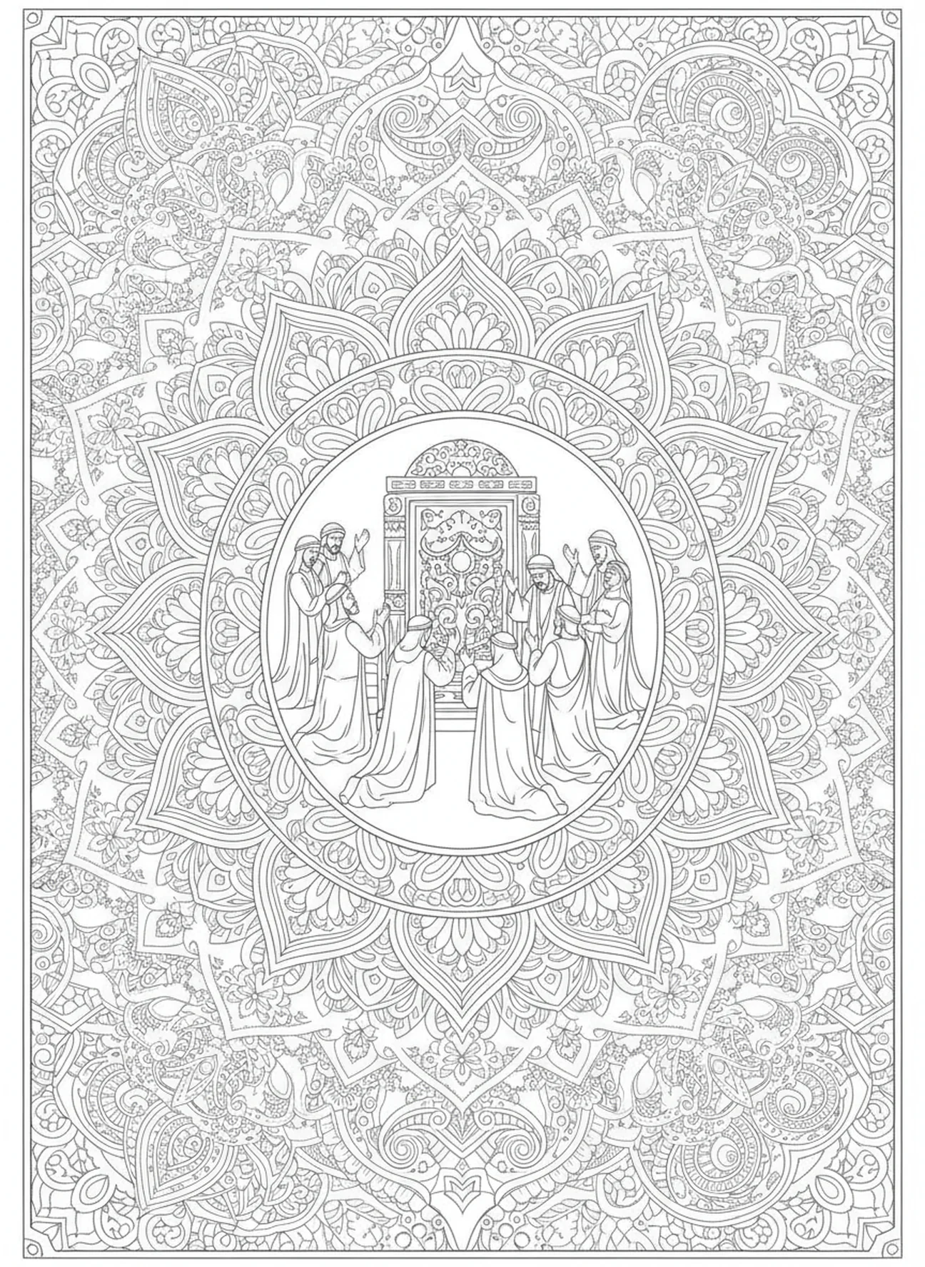 Figuras adorando, página para colorear de los Querubines del Arca de la Alianza en estilo de journaling bíblico para adultos.