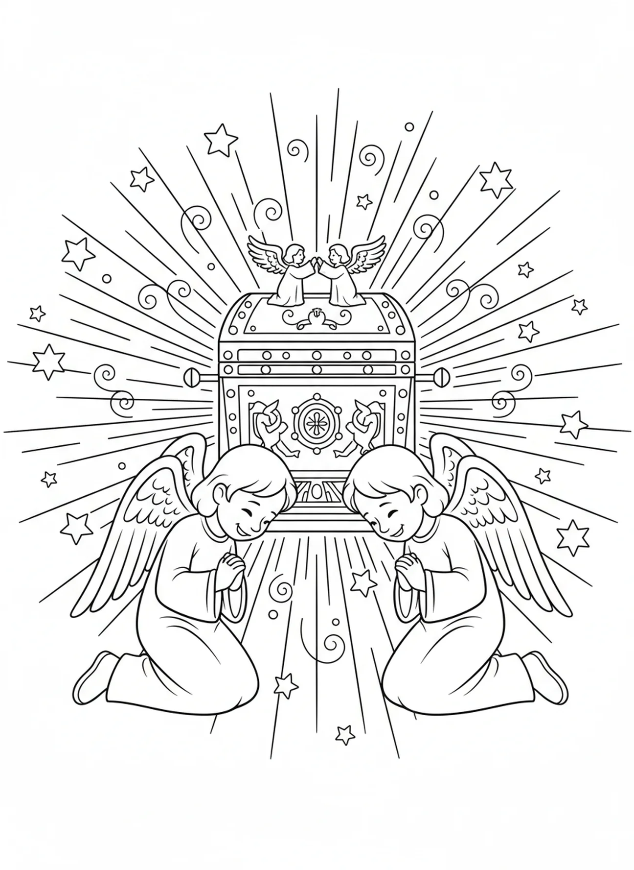 Dois anjos em desenho animado, página de colorir do Querubim da Arca da Aliança para crianças de 5 a 10 anos.