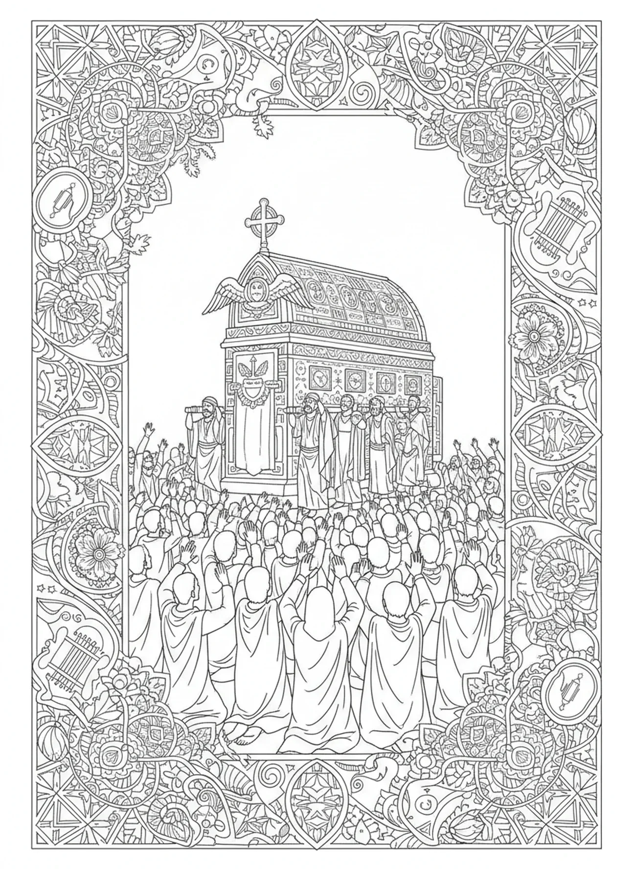 Menschenmenge verehrt die Lade des Bundes, Ausmalbild der Lade des Bundes für Erwachsene im Stil des Bibeljournaling.