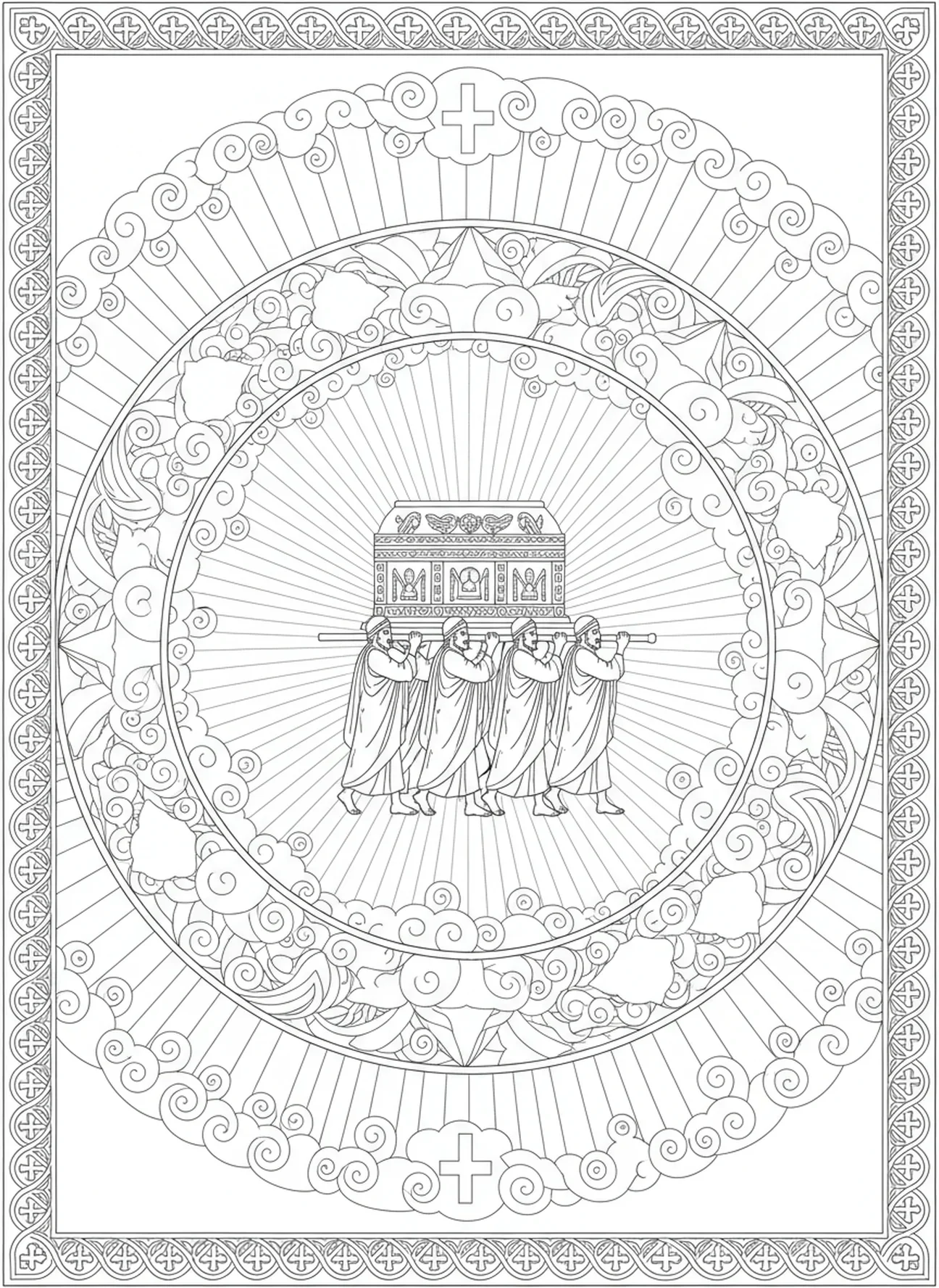 Die Bundeslade wird getragen, Ausmalbild der Bundeslade für Erwachsene im Stil des Bibel-Journalings.