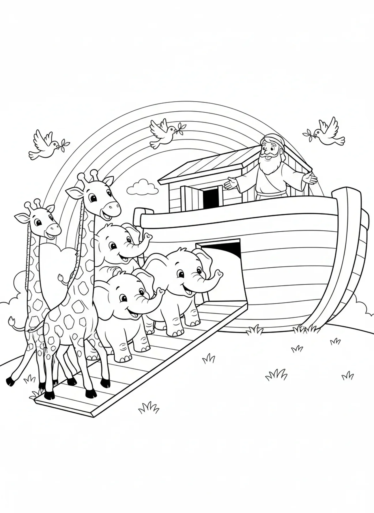 Giraffen en olifanten stappen aan boord, kleurplaat van de Ark van het Verbond voor kinderen van 5-10 jaar