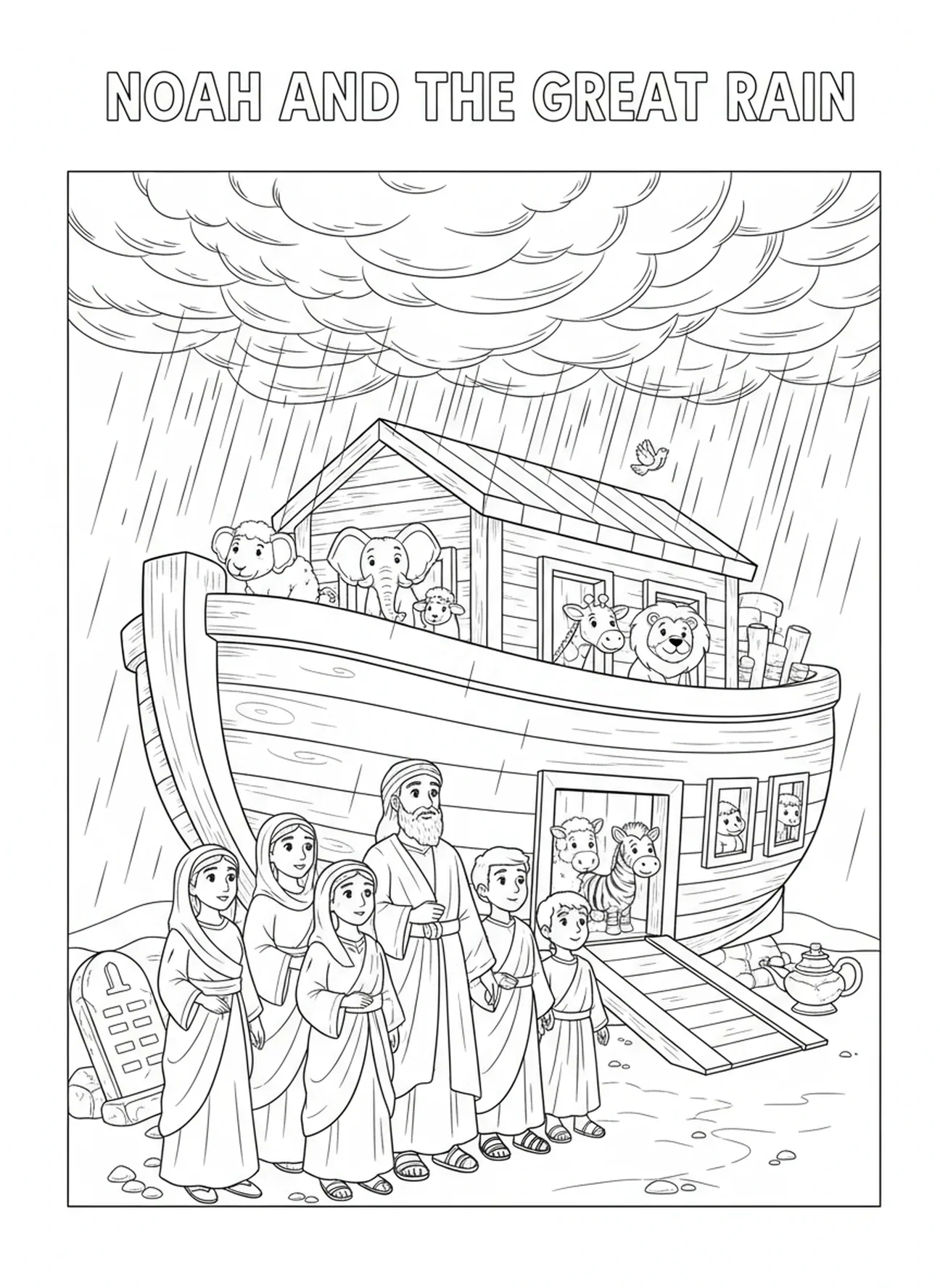 Noé e sua família observando a chuva, página para colorir da Arca da Aliança para crianças da Escola Dominical de 5 a 12 anos