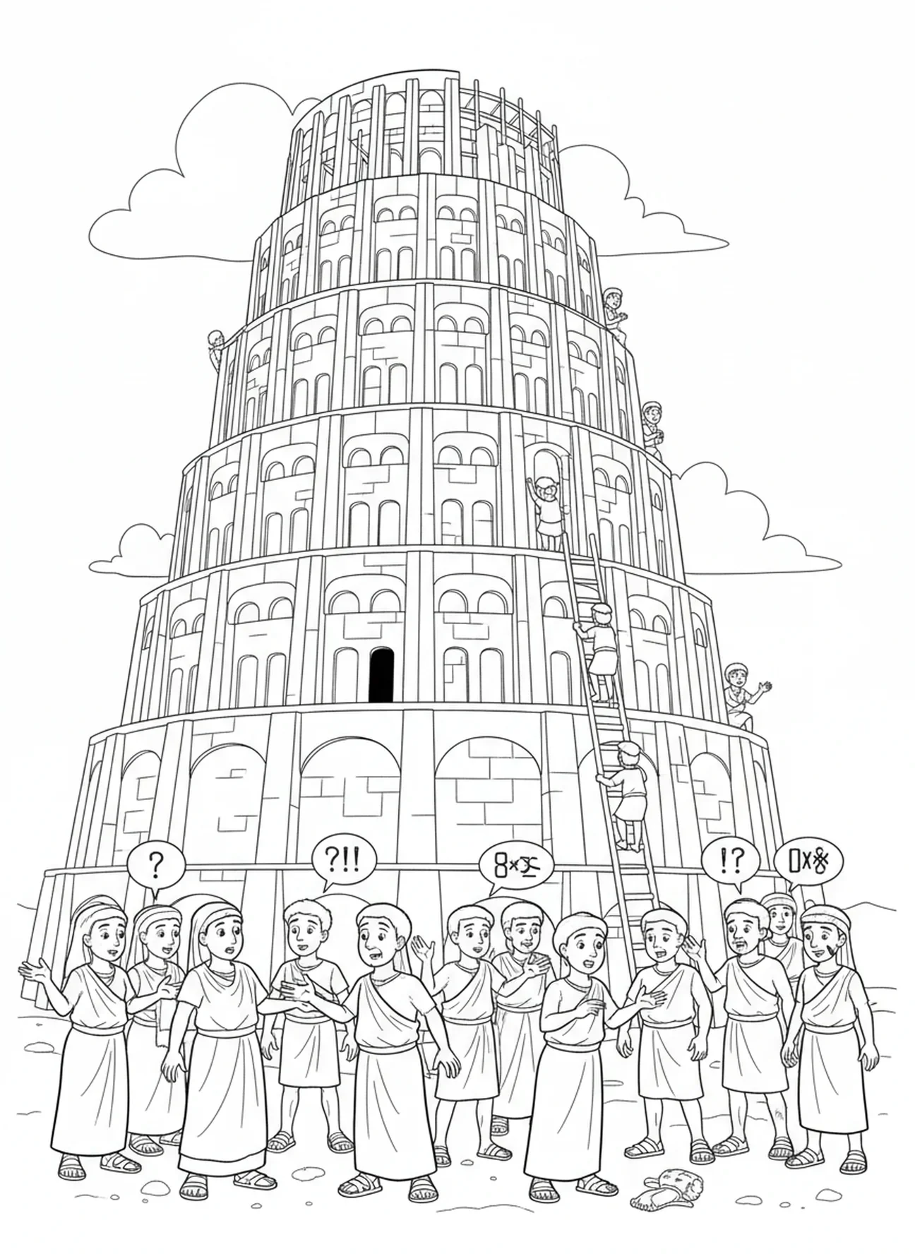 Travailleurs confus en train de discuter, page à colorier de la Tour de Babel pour les enfants de 5 à 10 ans.
