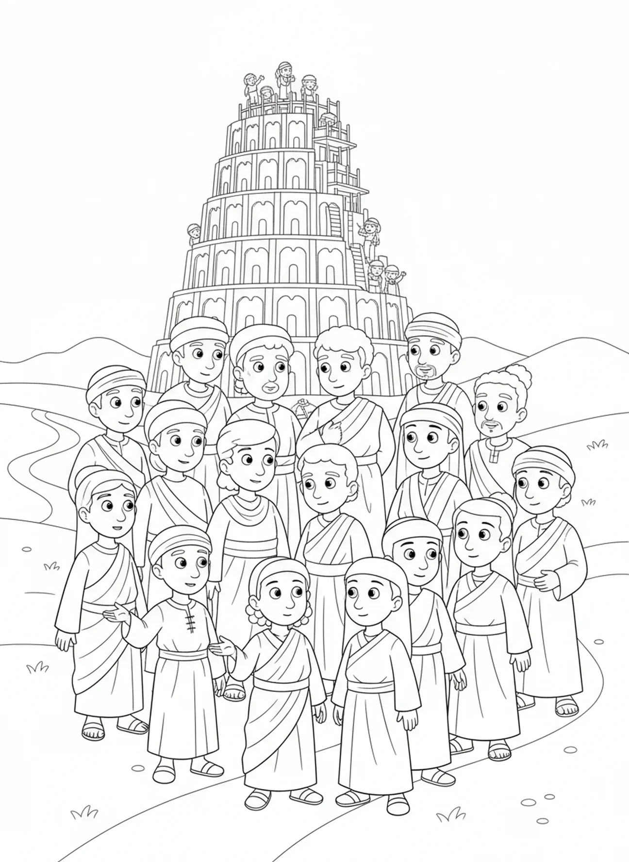 Groupes divers de personnes, page à colorier de la Tour de Babel pour les enfants de 5 à 10 ans.