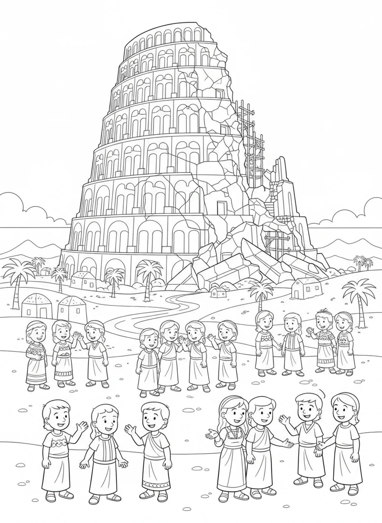 Petits groupes d'amis, page à colorier de la Tour de Babel pour les enfants de 5 à 10 ans.