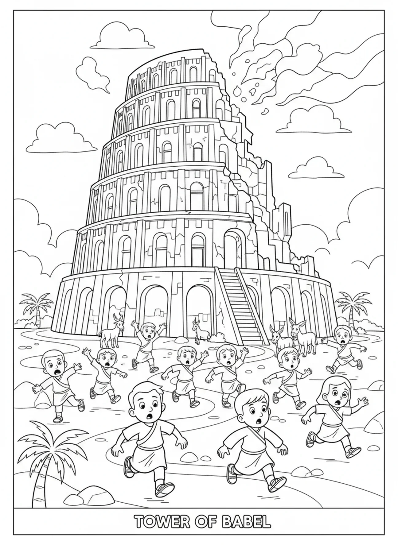 Des gens s'éparpillent, page à colorier de la Tour de Babel pour les enfants de 5 à 10 ans.