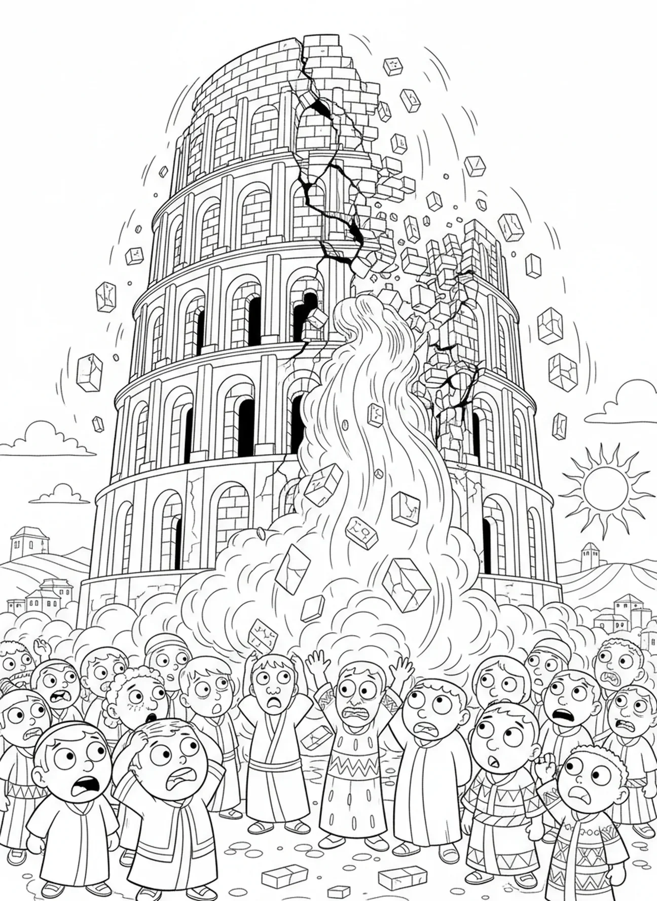 Tour qui s'effondre, page à colorier de la Tour de Babel pour les enfants de 5 à 10 ans.