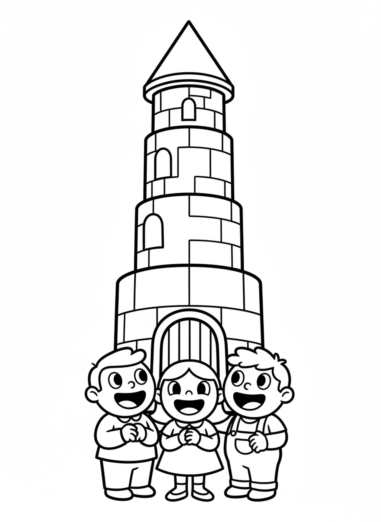 Groupe de personnes enthousiastes, page à colorier de la Tour de Babel pour les enfants d'âge préscolaire de 3 à 5 ans