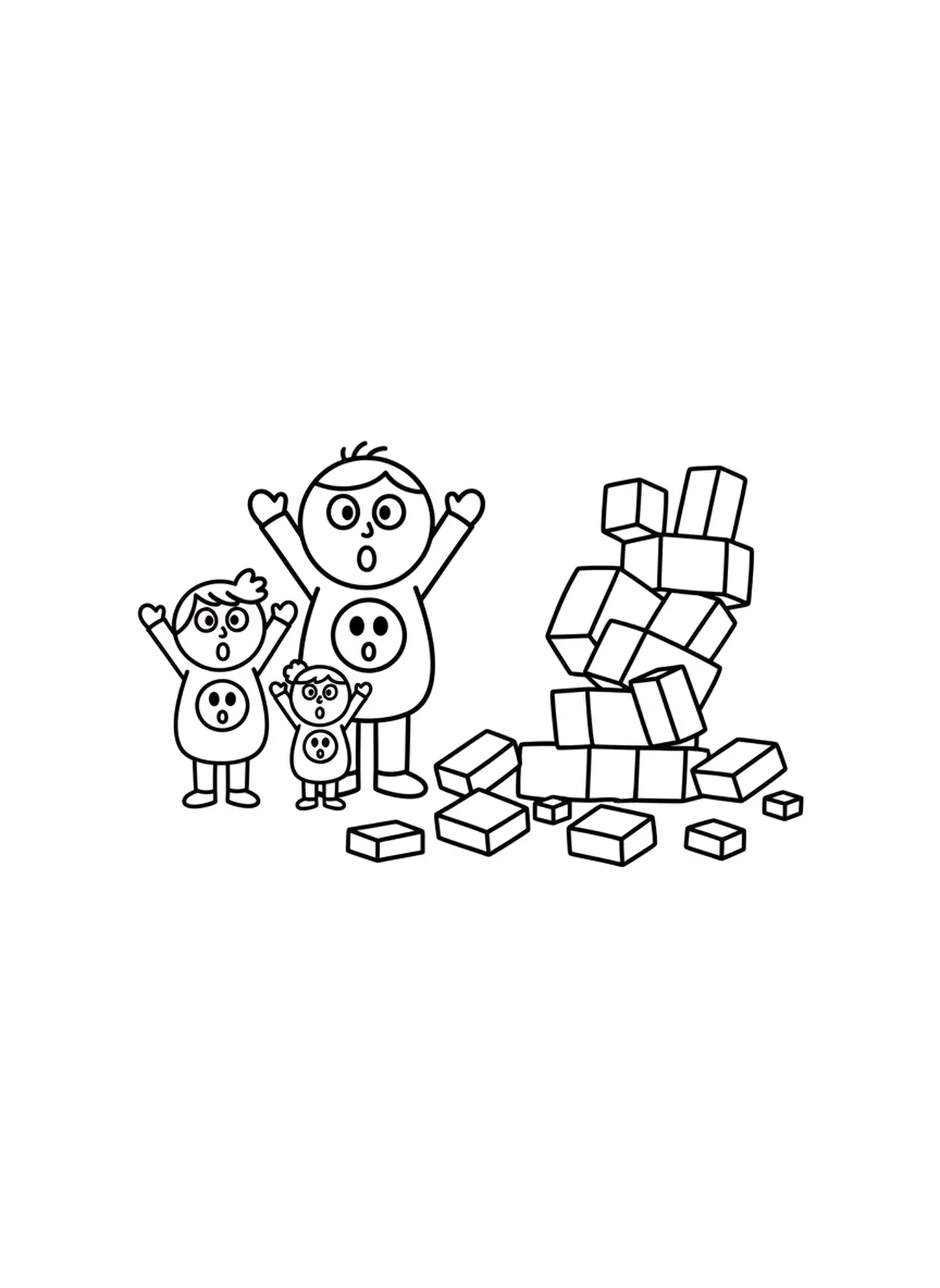 Personnes surprises devant la tour tombée, page à colorier de la Tour de Babel pour les enfants d'âge préscolaire de 3 à 5 ans