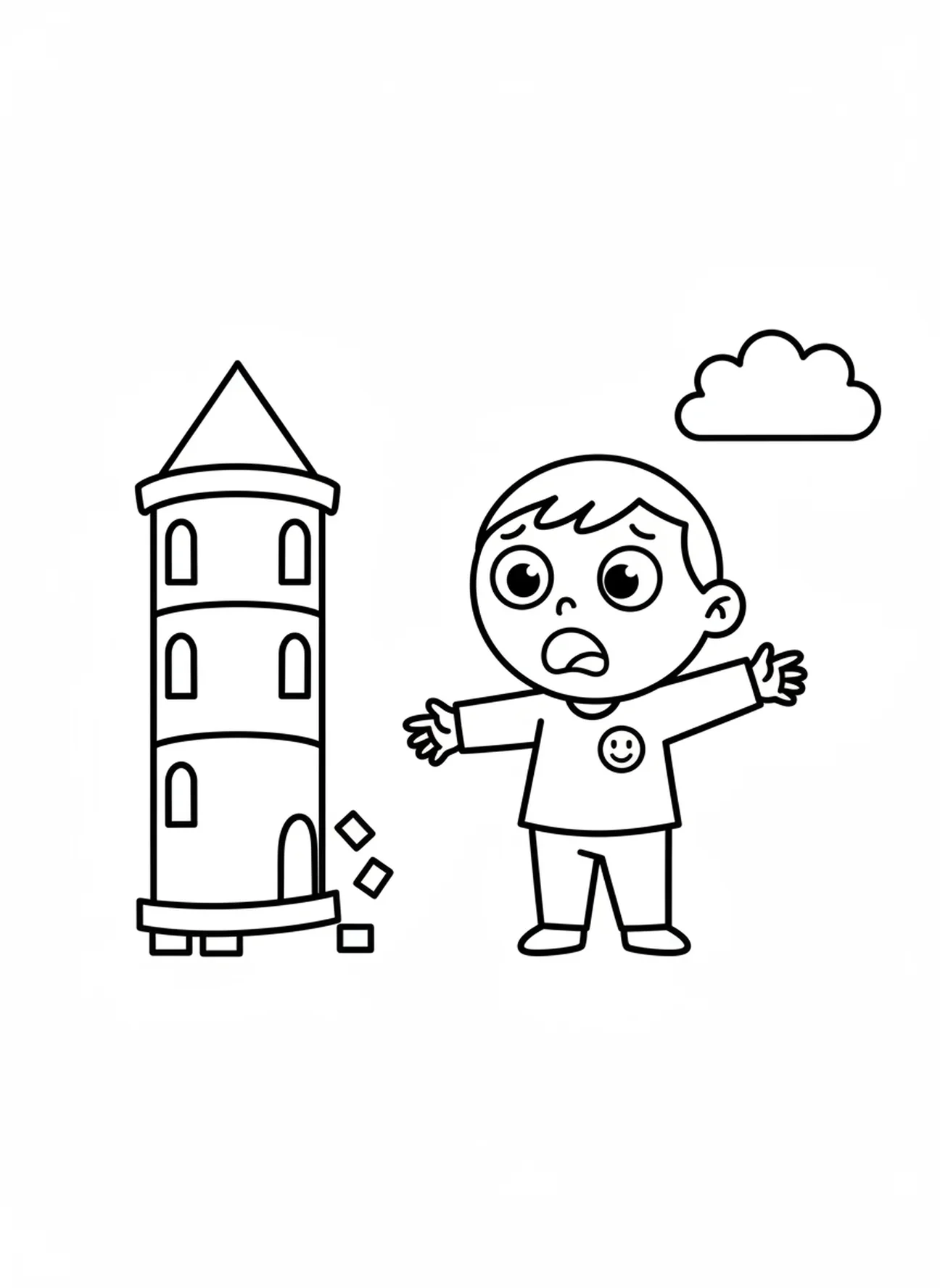 Personne inquiète regardant la tour tomber, page à colorier de la Tour de Babel pour les préscolaires de 3 à 5 ans
