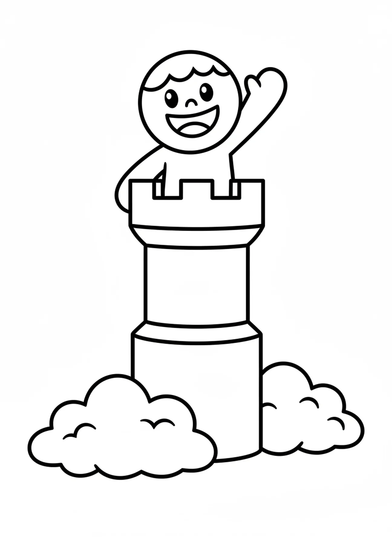 Personne joyeuse au sommet de la tour, page à colorier de la Tour de Babel pour les enfants d'âge préscolaire de 3 à 5 ans