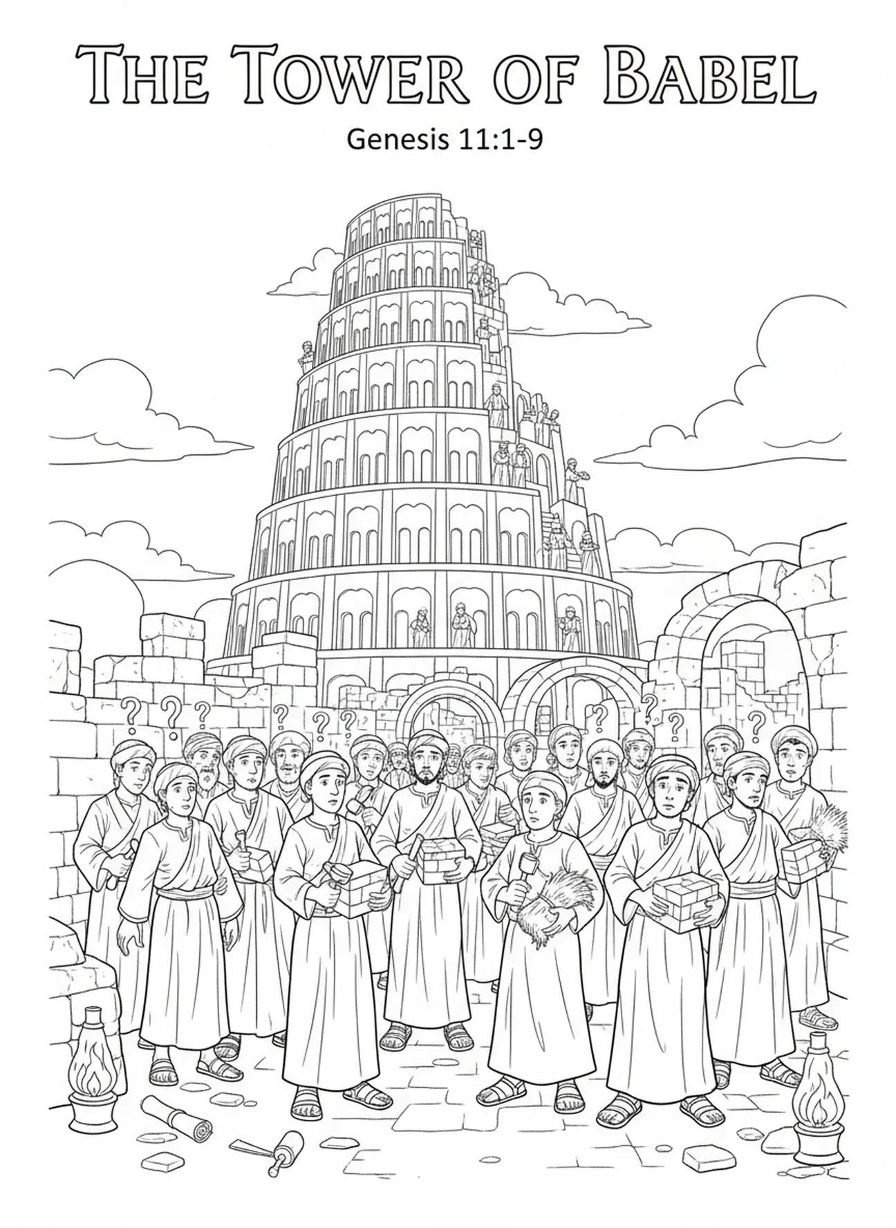 Travailleurs confus à la Tour de Babel, page à colorier de la Tour de Babel pour les enfants de l'École du dimanche âgés de 5 à 12 ans.