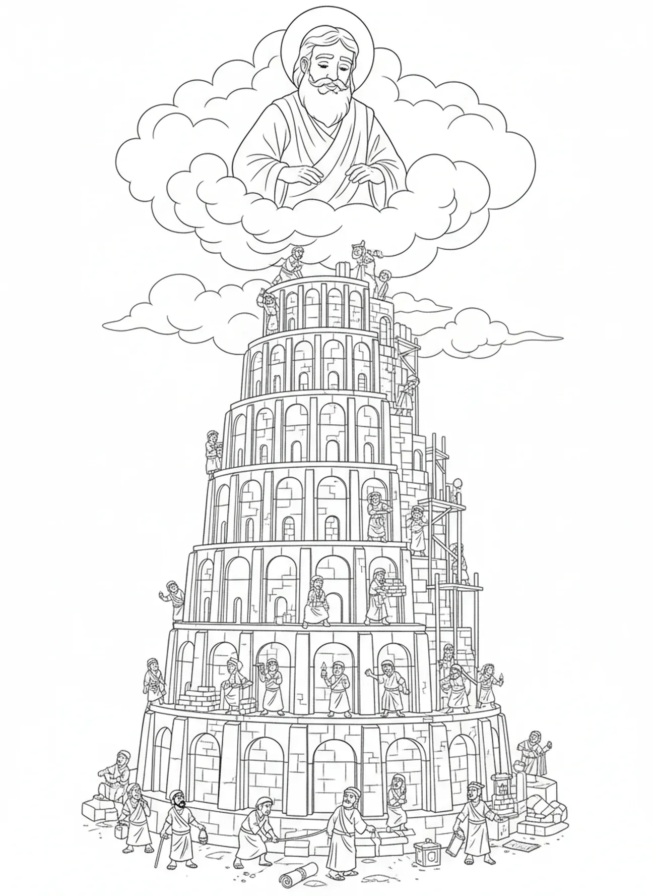 Dieu observant la Tour de Babel, page à colorier de la Tour de Babel pour les enfants de l'École du dimanche âgés de 5 à 12 ans.