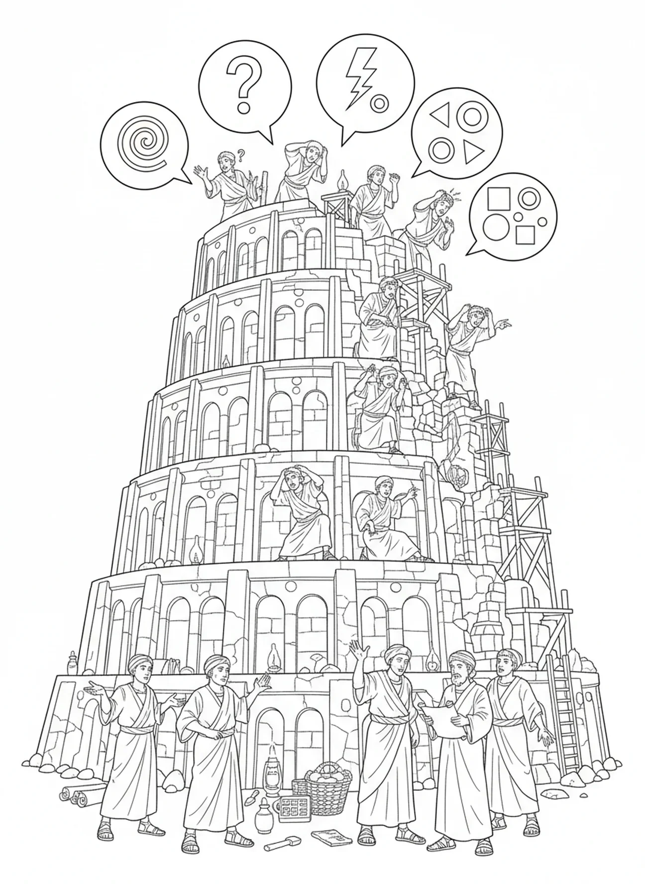 Travailleurs confus par les différentes langues, page à colorier de la Tour de Babel pour les enfants de catéchisme âgés de 5 à 12 ans.
