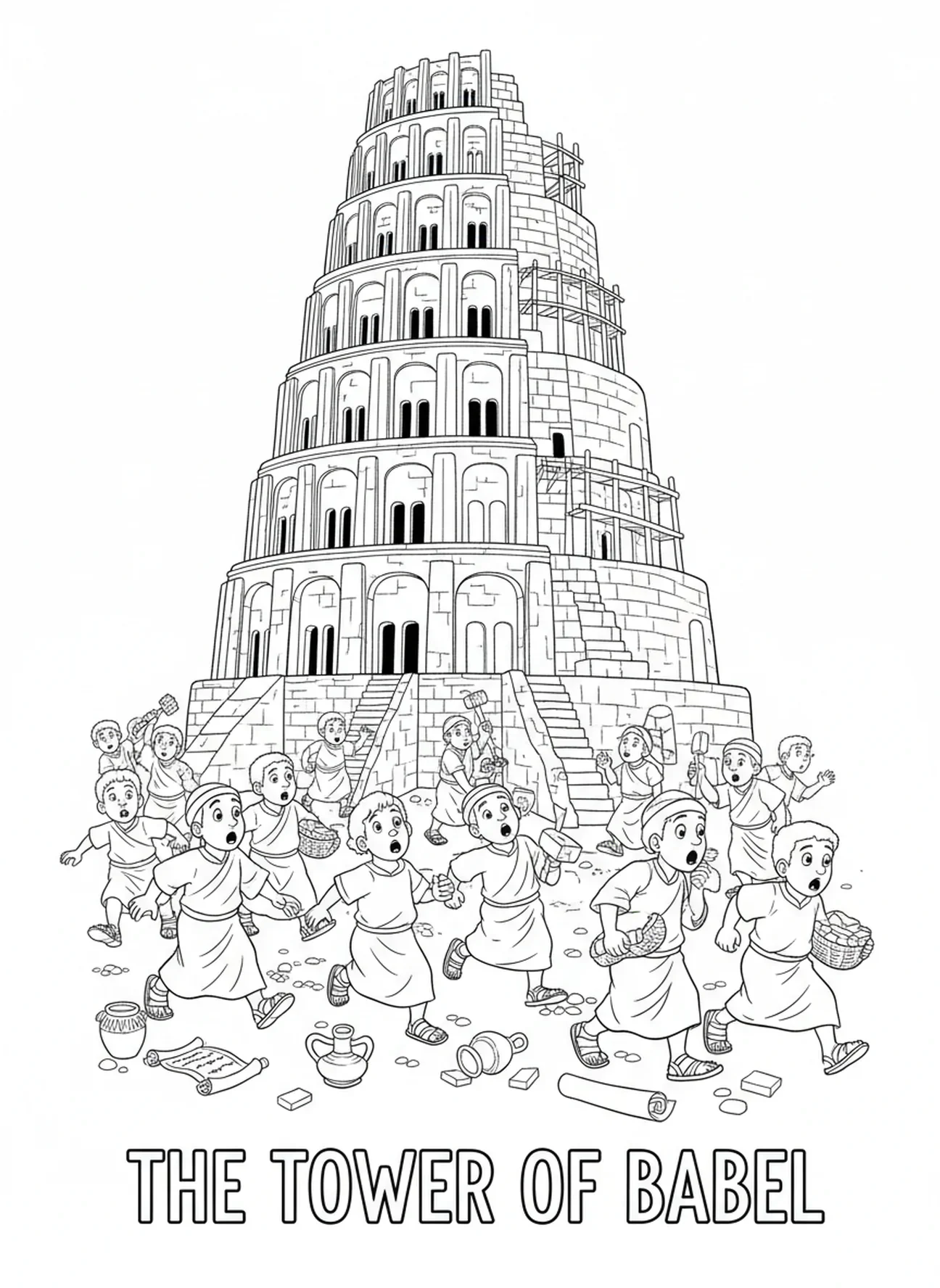Des gens se dispersent de la Tour de Babel, page à colorier de la Tour de Babel pour les enfants de l'École du dimanche âgés de 5 à 12 ans.