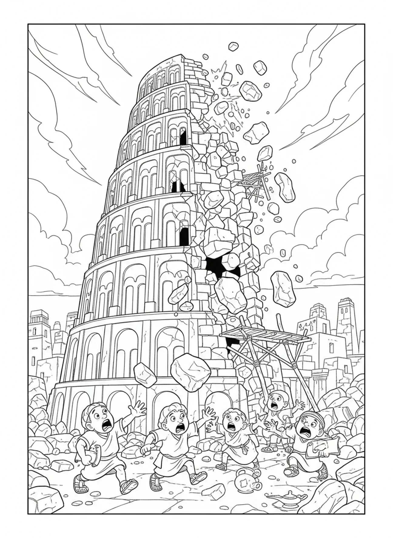 Tour de Babel en ruine, page à colorier de la Tour de Babel pour les enfants de l'École du dimanche âgés de 5 à 12 ans.