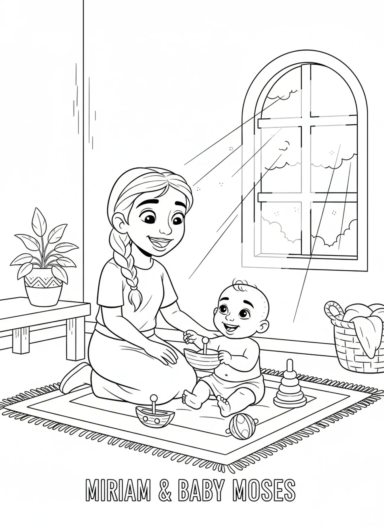 Miriam observando Moisés brincar, página de colorir do Bebê Moisés para crianças de 5 a 10 anos