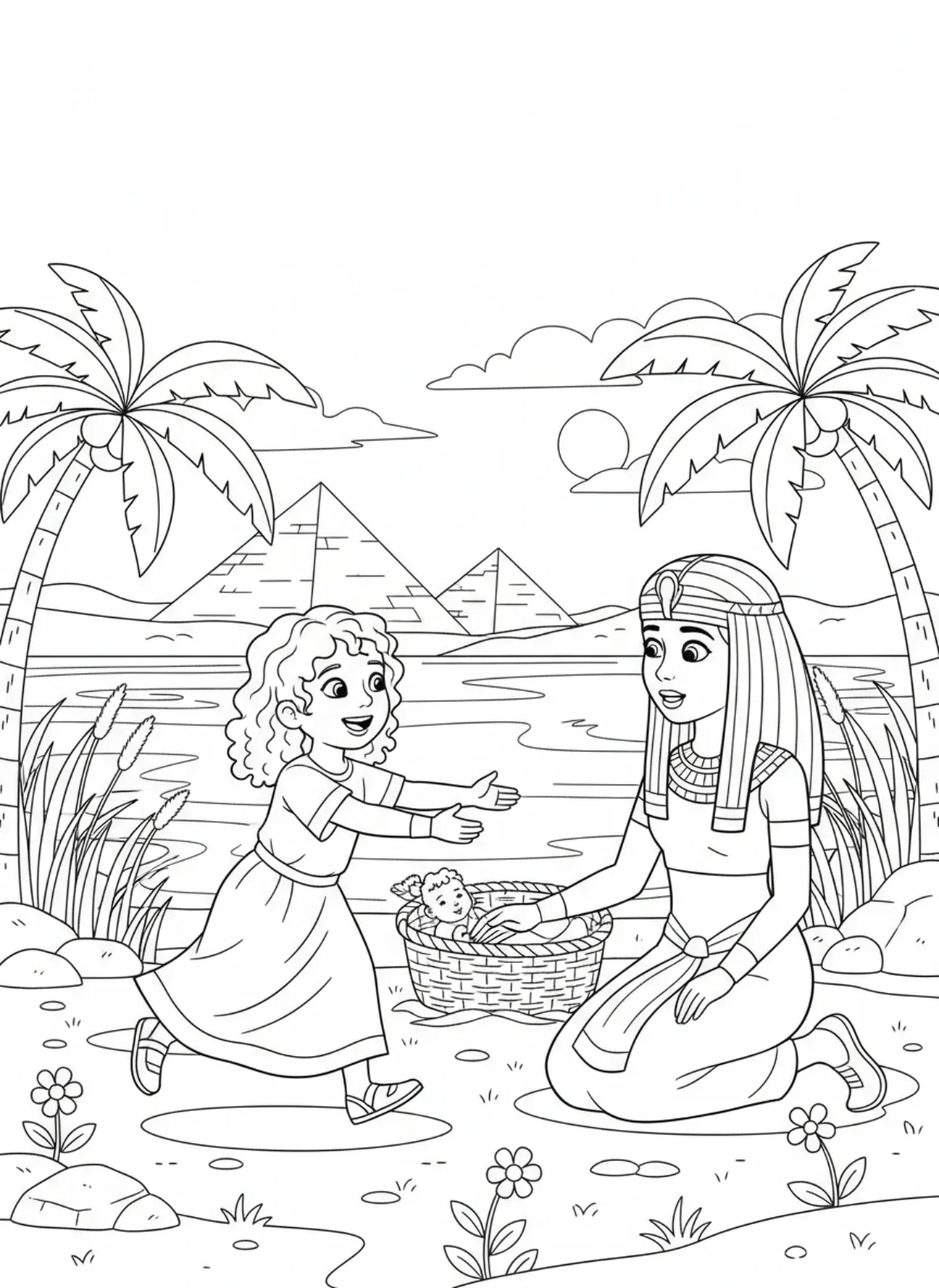Miriam oferecendo ajuda, página para colorir da Bebê Moisés com Miriam observando, para crianças de 5 a 10 anos
