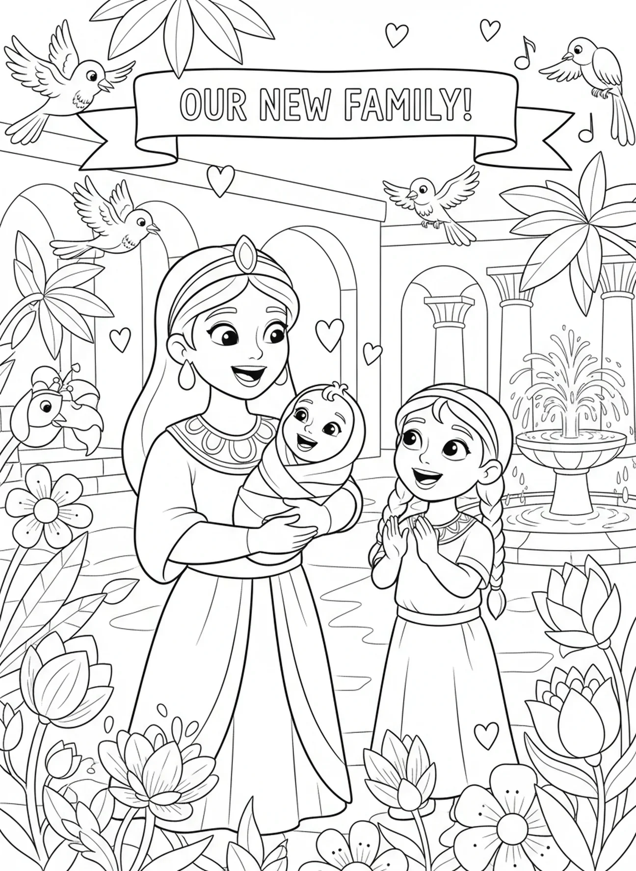 Escena familiar feliz con la princesa y Moisés, página para colorear de la Princesa que encuentra a Moisés en la canasta para niños de 5 a 10 años