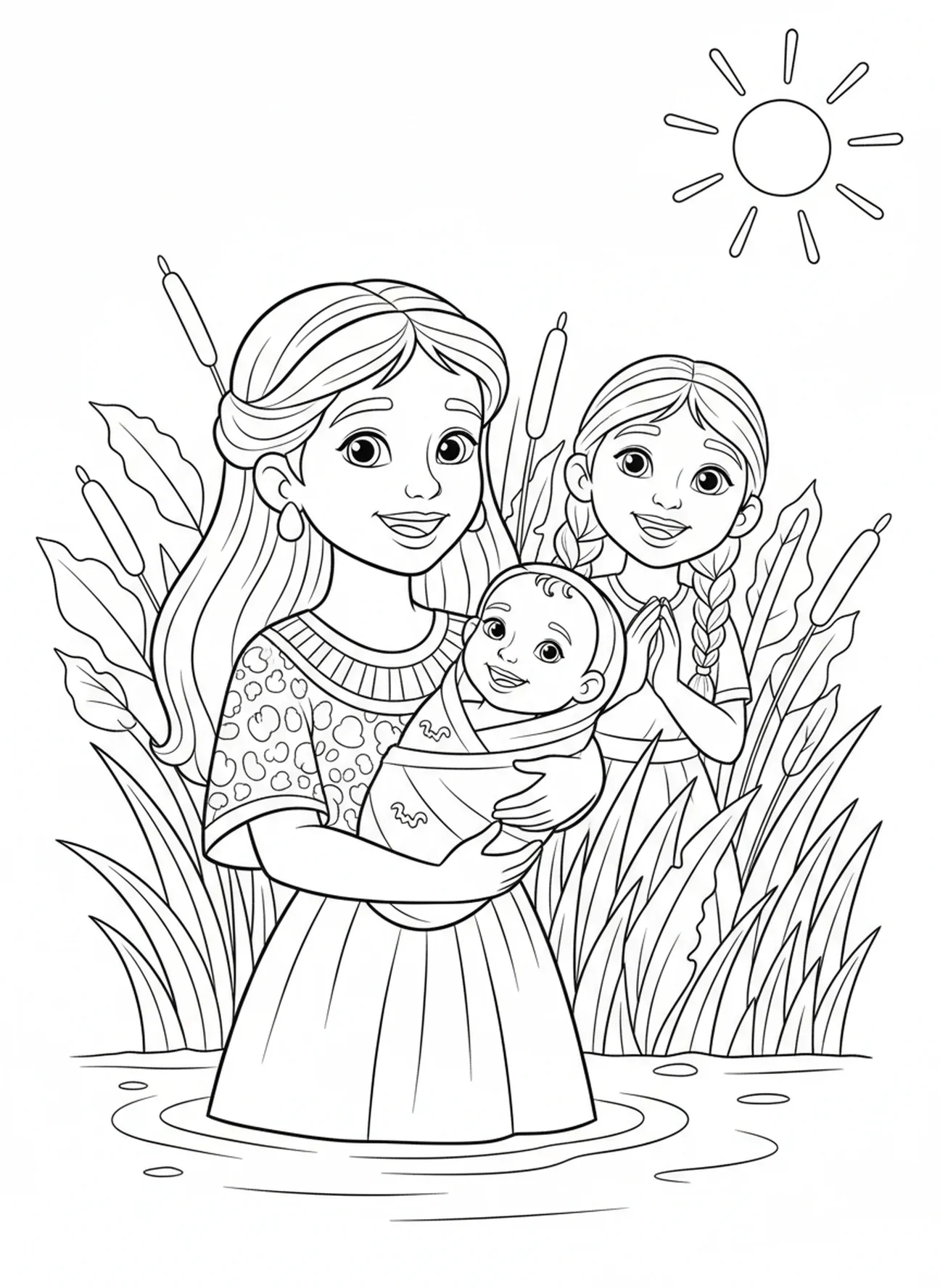 Princesa sosteniendo al bebé Moisés, página para colorear de la Princesa que encuentra la canasta del bebé Moisés para niños de 5 a 10 años