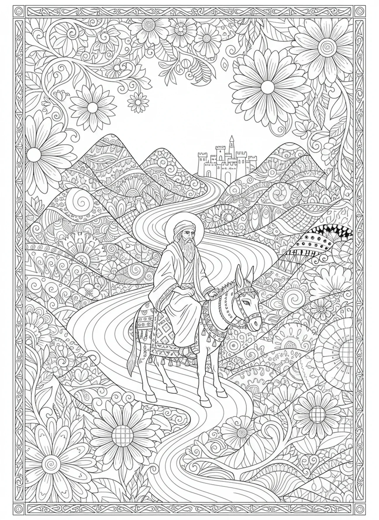 Balaão e a jumenta na jornada, página de colorir de Balaão para adultos no estilo de diário bíblico
