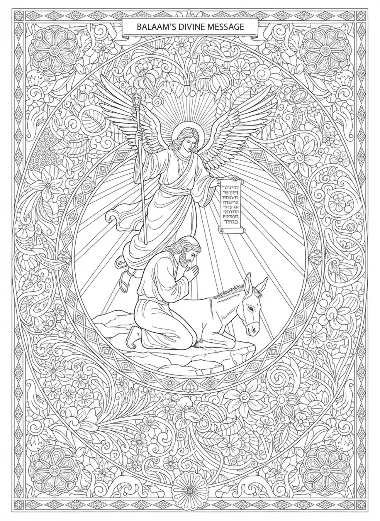 Balaão recebendo mensagem do anjo, página para colorir do jumento de Balaão no estilo de journaling bíblico para adultos