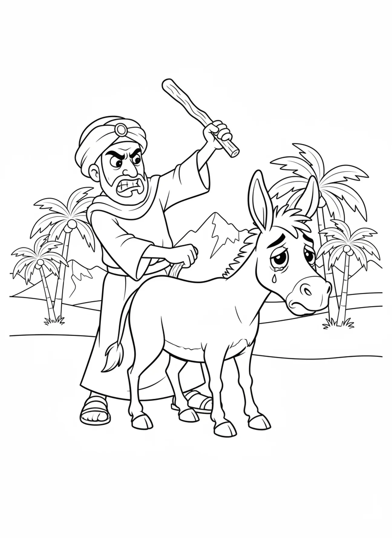 Balaam, der sanft seinen traurigen Esel schlägt, Ausmalbild von Balaams Esel für Kinder im Alter von 5-10 Jahren.