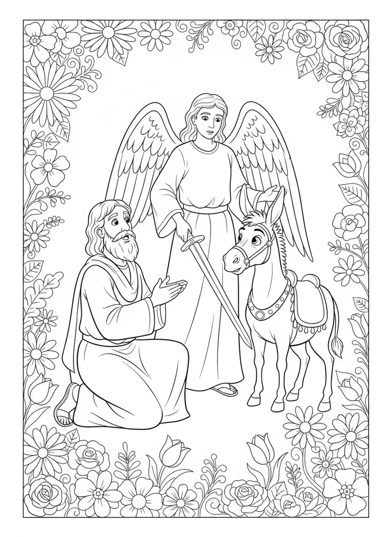 Balaam erkennt den Engel, Ausmalbild von Balaams Esel für Kinder im Alter von 5-10 Jahren.