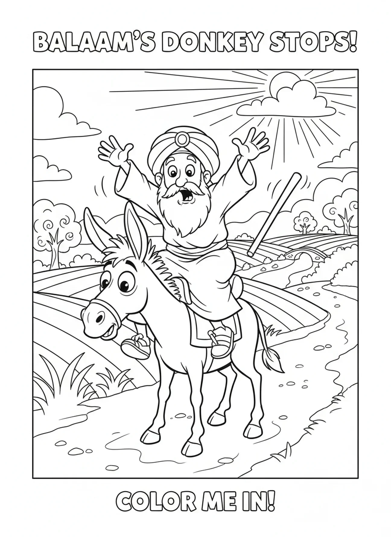 Balaam stolpert, als sein Esel anhält, Ausmalbild von Balaams Esel für Kinder im Alter von 5-10 Jahren.