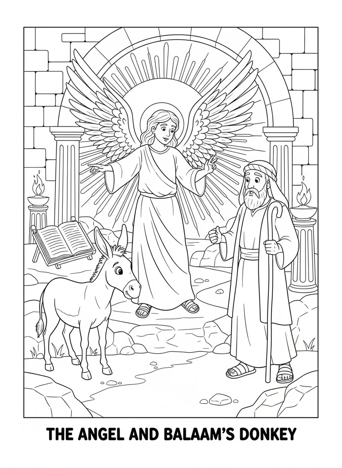 Un ange révélant la vérité, page à colorier de l'âne de Balaam pour les enfants de l'École du dimanche âgés de 5 à 12 ans.