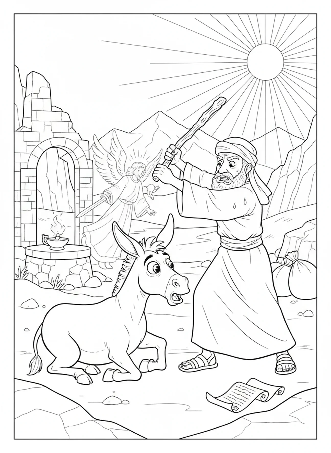Balaam frappant l'âne, page à colorier de l'âne de Balaam pour les enfants de catéchisme âgés de 5 à 12 ans.