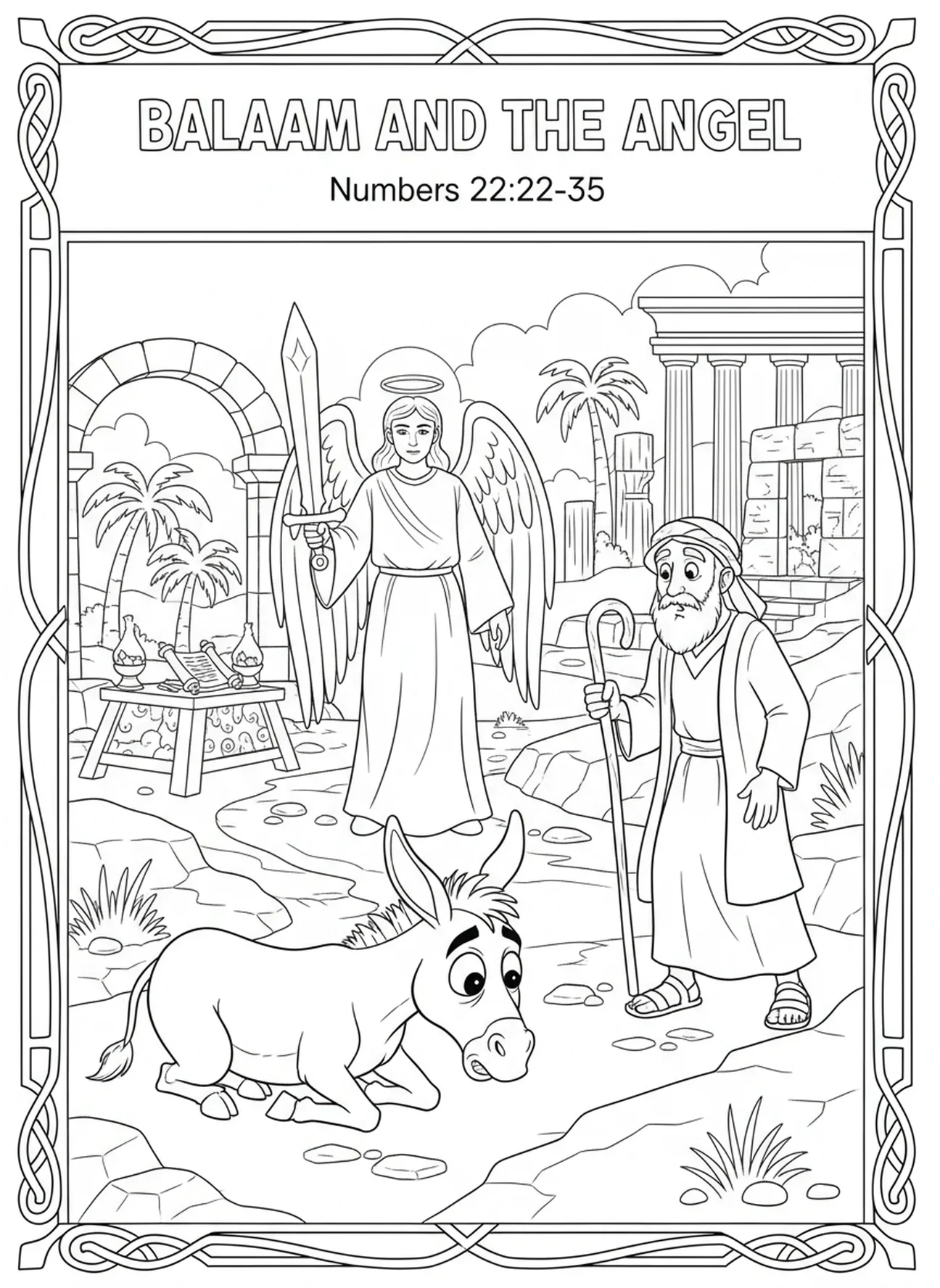 Âne à genoux, page à colorier de l'âne de Balaam pour les enfants de l'École du dimanche âgés de 5 à 12 ans.
