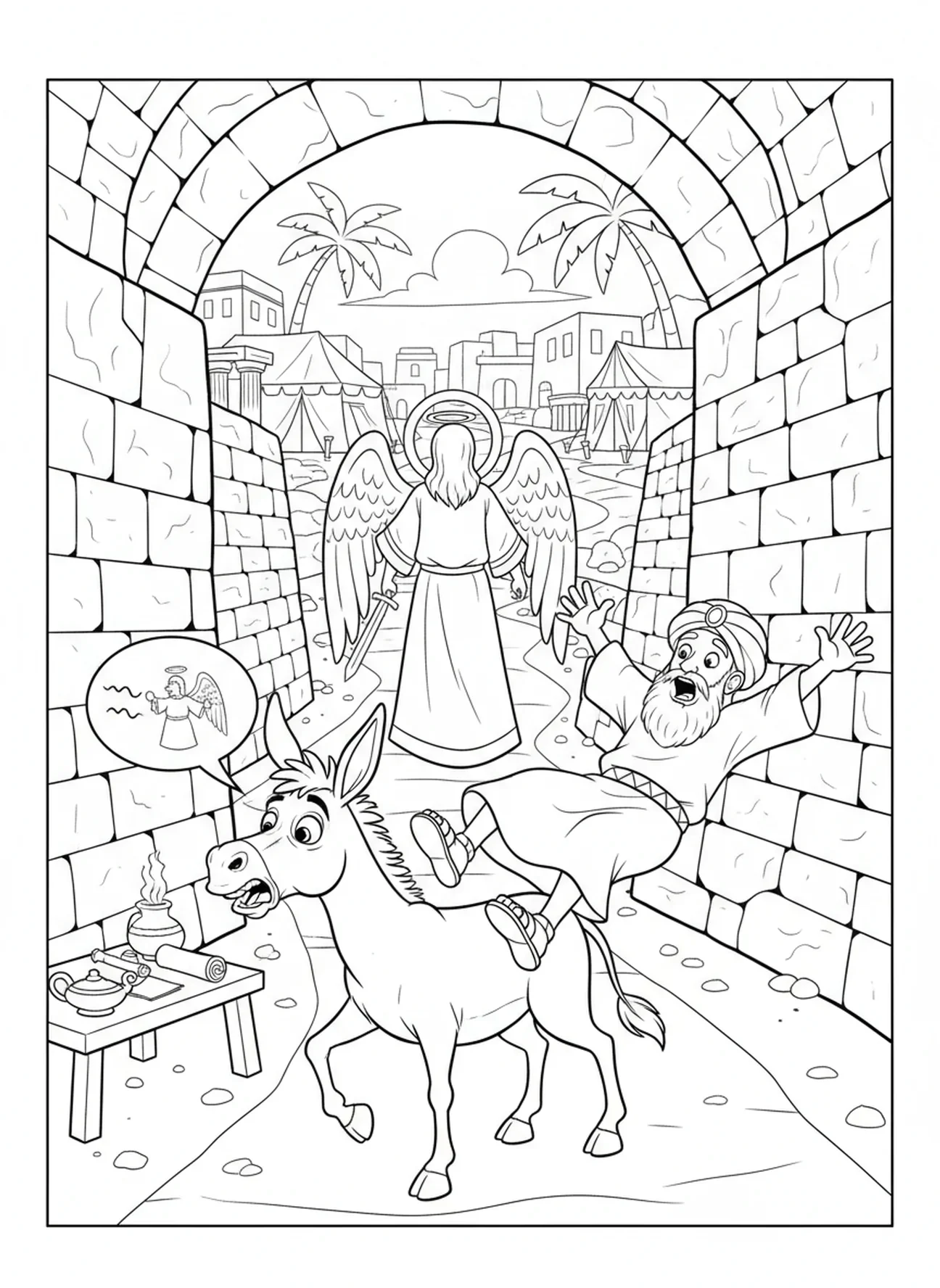 Un âne qui parle, page à colorier de l'âne de Balaam pour les enfants de l'École du dimanche âgés de 5 à 12 ans.