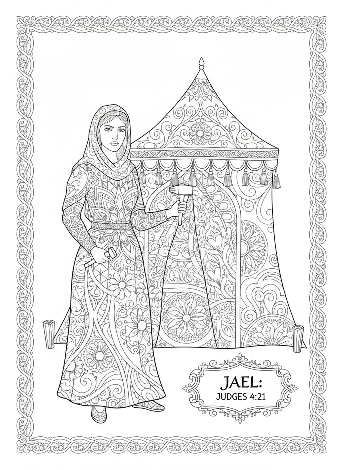 Jael com martelo ao lado de sua tenda, página para colorir de Barak e Débora no estilo de journaling bíblico para adultos