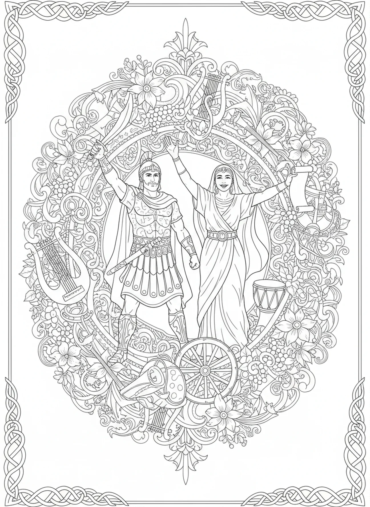 Barak e Débora celebrando a vitória, página de colorir Barak Débora para adultos no estilo de journaling bíblico