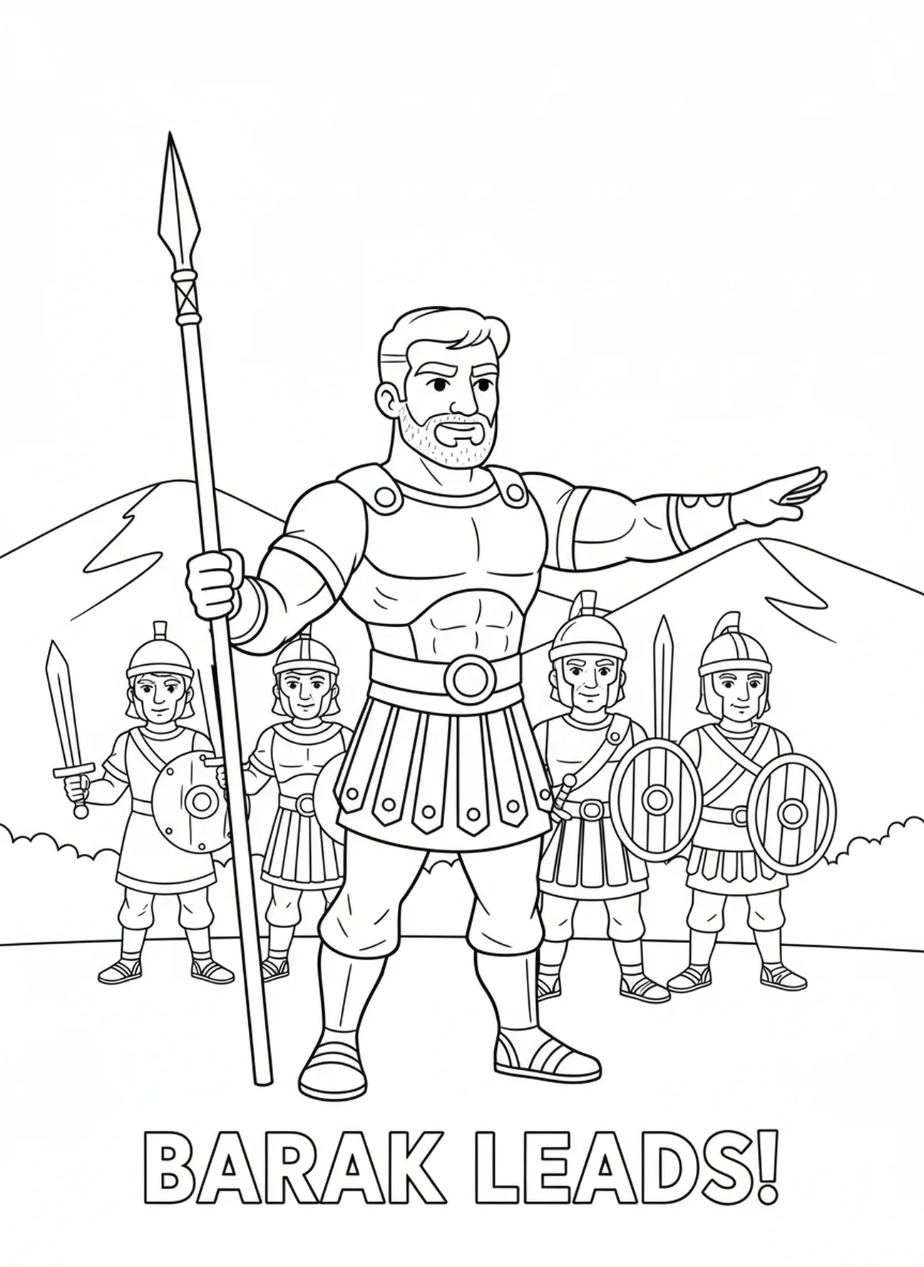 Barak menant des soldats, page à colorier Barak et Débora pour les enfants de 5 à 10 ans.