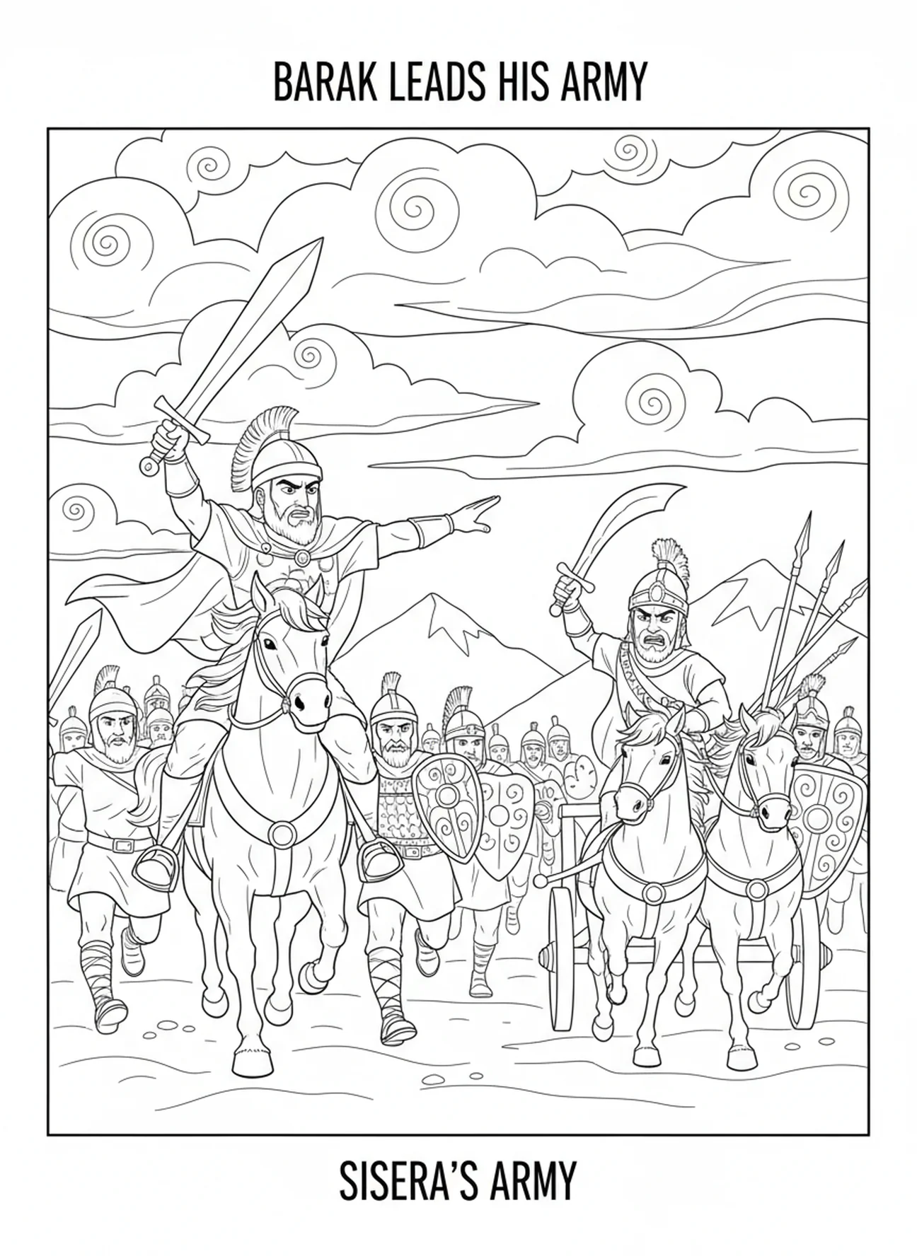 Barak menant des soldats au combat, page à colorier Barak et Débora pour les enfants de 5 à 10 ans.