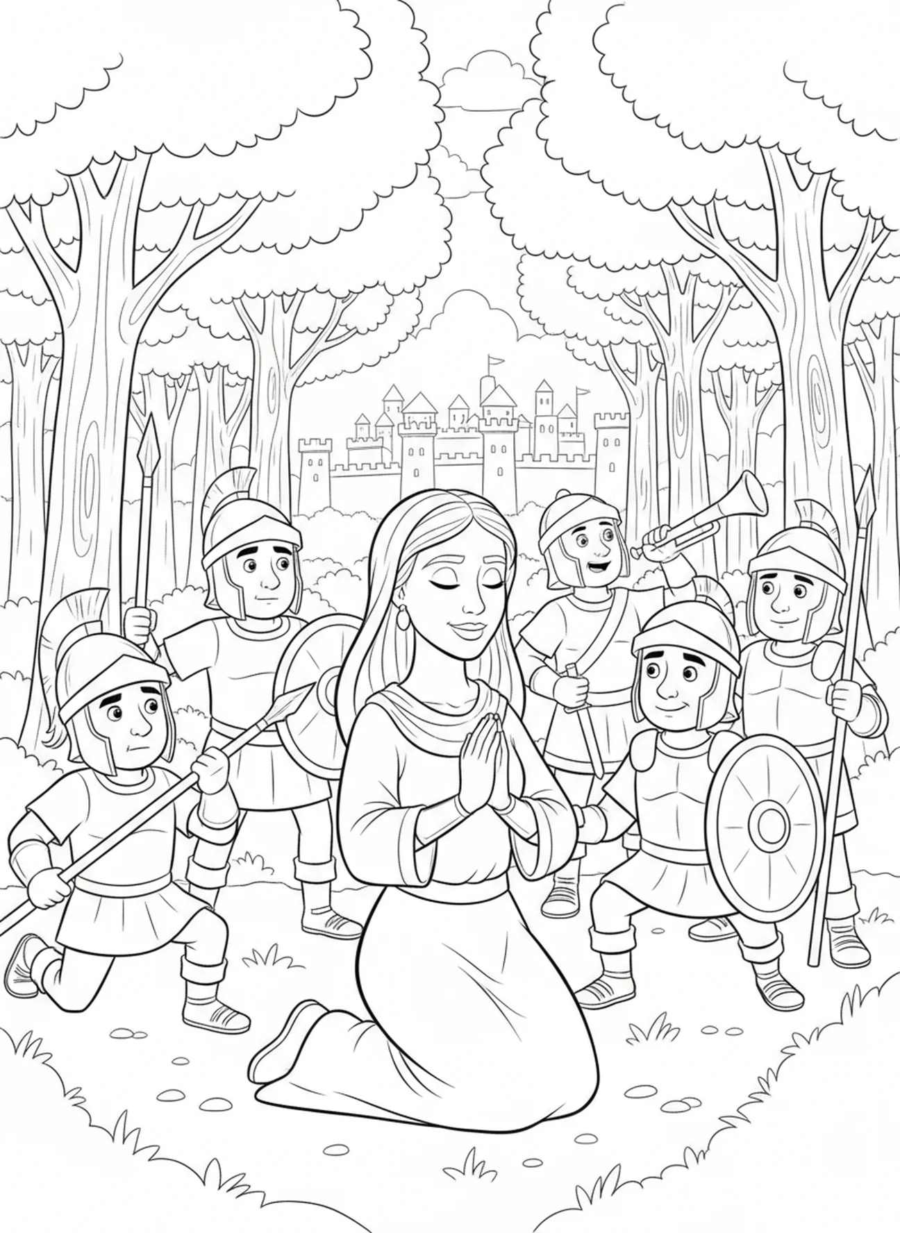 Déborah en prière, page à colorier de Déborah et Barak pour les enfants de 5 à 10 ans.
