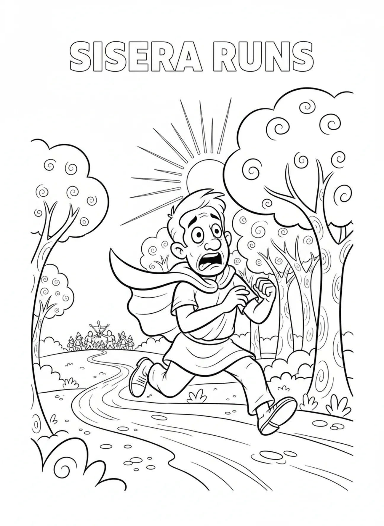 Sisera fuyant la bataille, page à colorier de Barak et Débora pour les enfants de 5 à 10 ans.