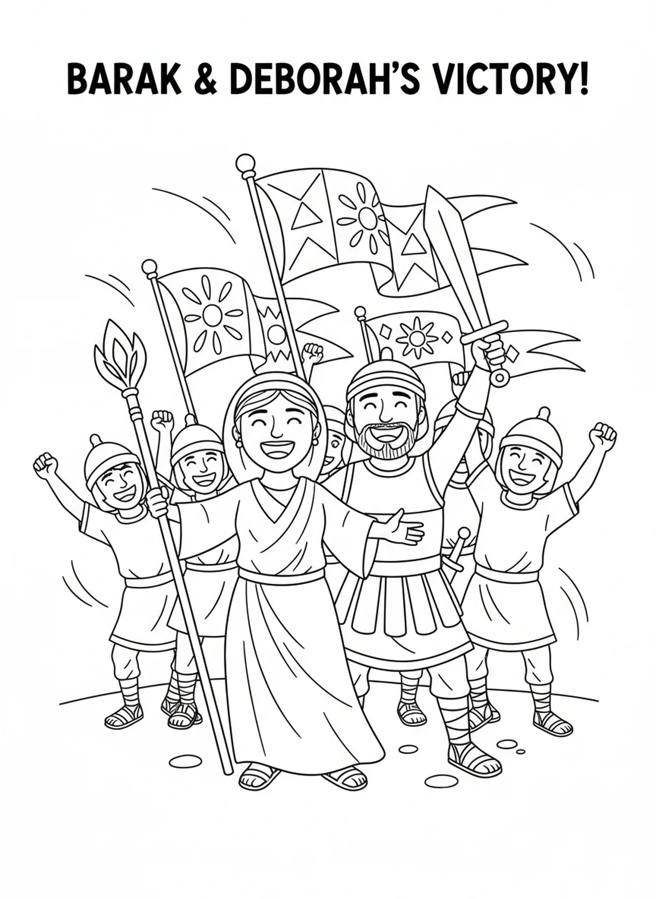 Barak et Déborah célébrant la victoire, page à colorier Barak Déborah pour les enfants de 5 à 10 ans.