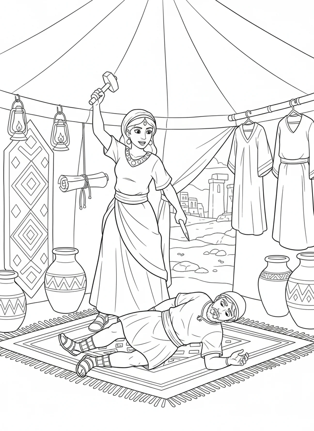 Jael besiegt Sisera mit einem Hammer, Barak und Deborah Malvorlage für Sonntagsschulkinder im Alter von 5-12 Jahren.