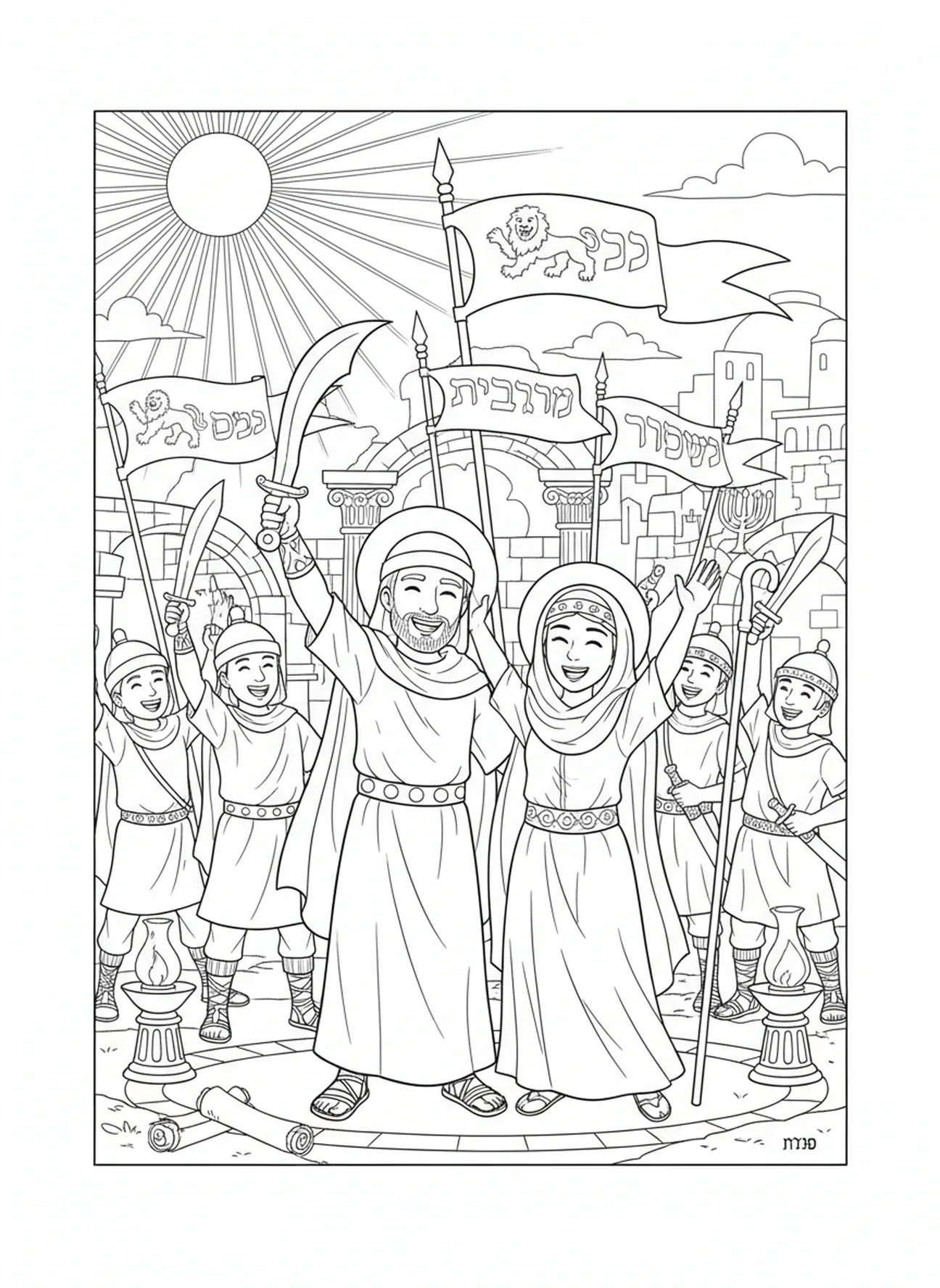 Barak und Deborah feiern den Sieg, Barak Deborah Ausmalbild für Sonntagsschulkinder im Alter von 5-12 Jahren.