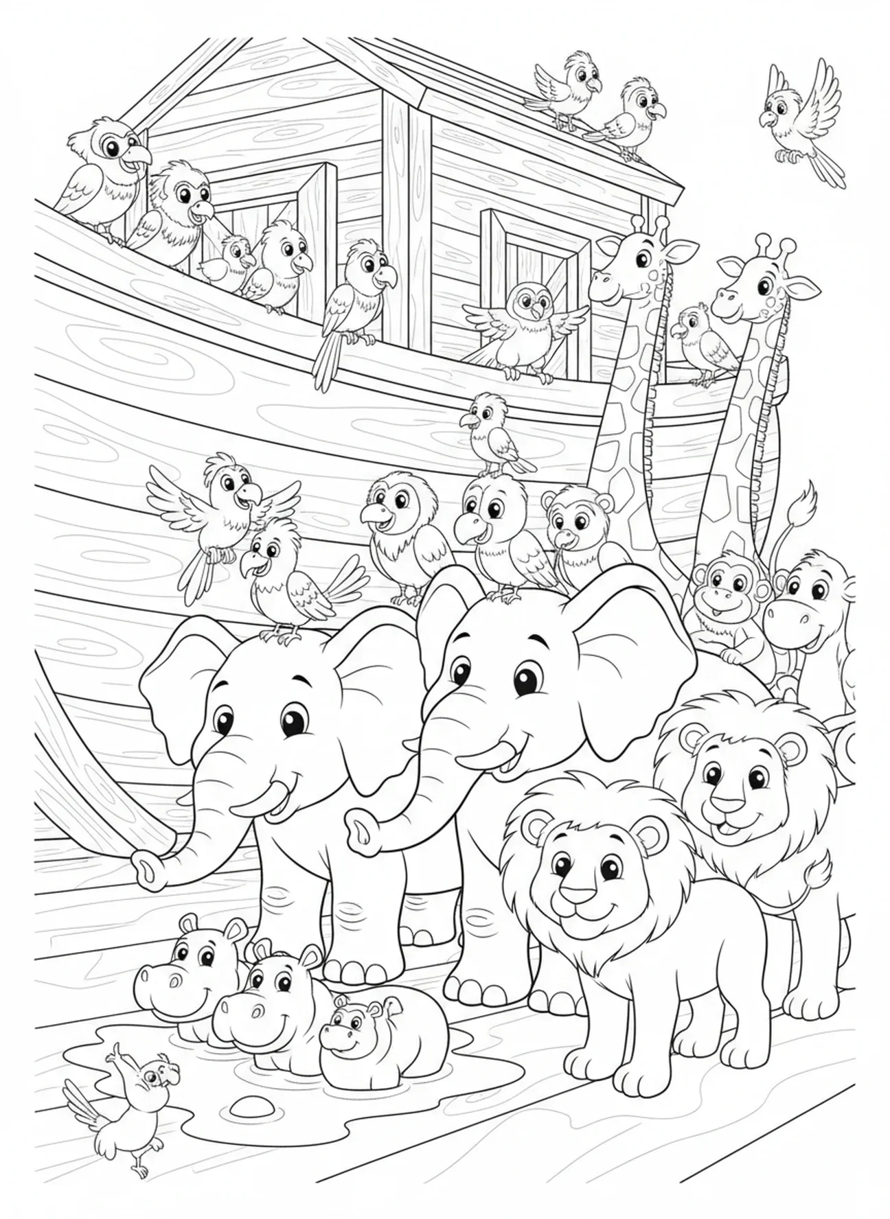Dieren verzameld binnen de ark, Bijbel Olifant Ark kleurplaat voor kinderen van 5-10 jaar.