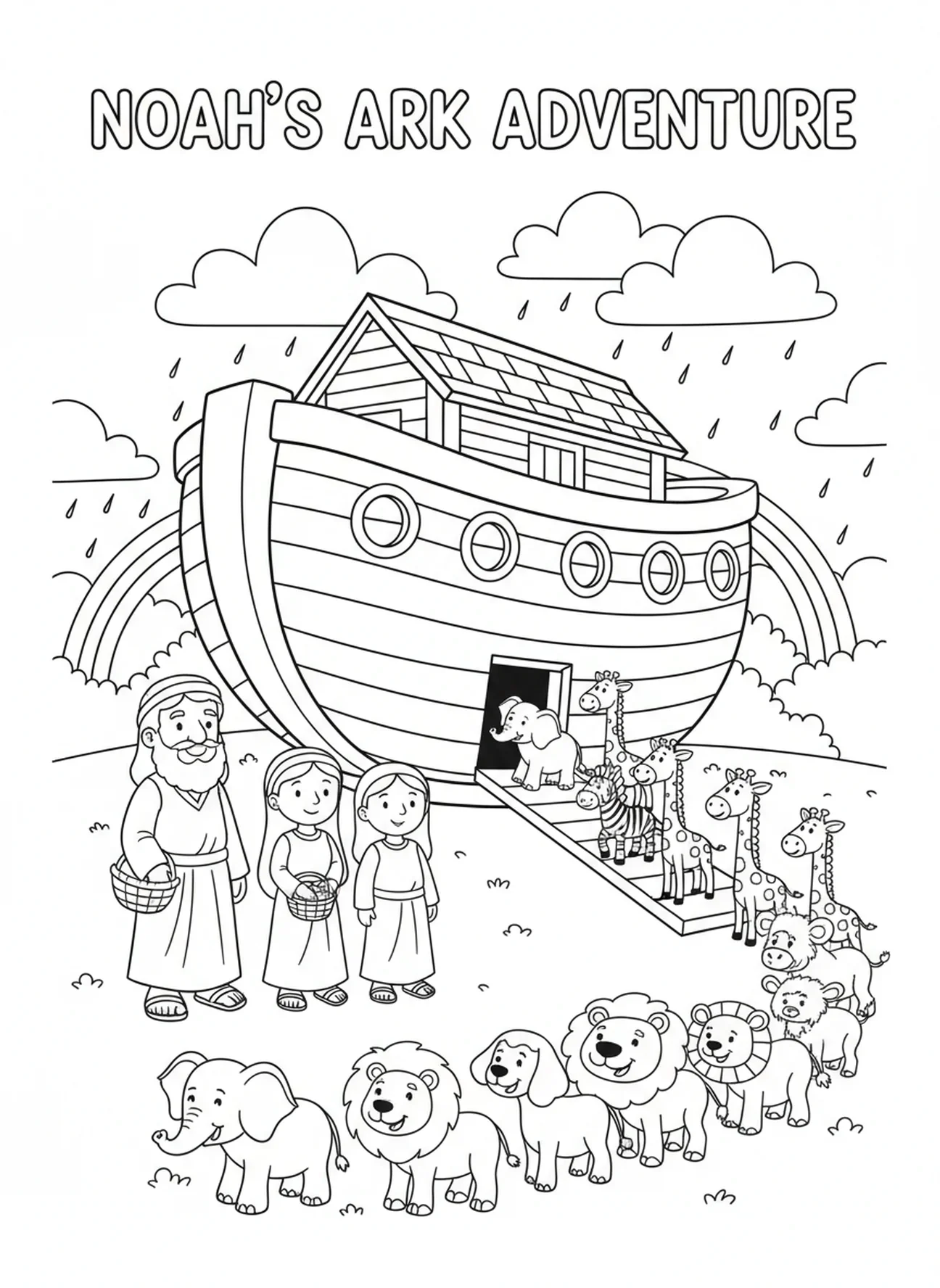 Noach en zijn gezin naast de ark, Bijbel Olifant Ark kleurplaat voor kinderen van 5-10 jaar.